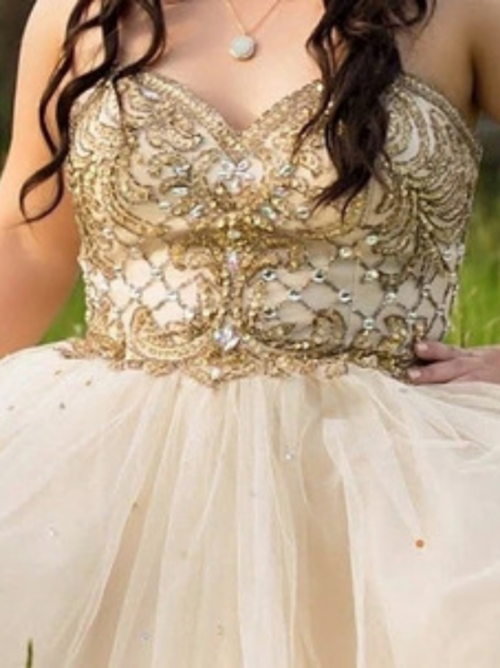 Beaded Tulle Prom Gown in Cream & Gold Size 12 Like New